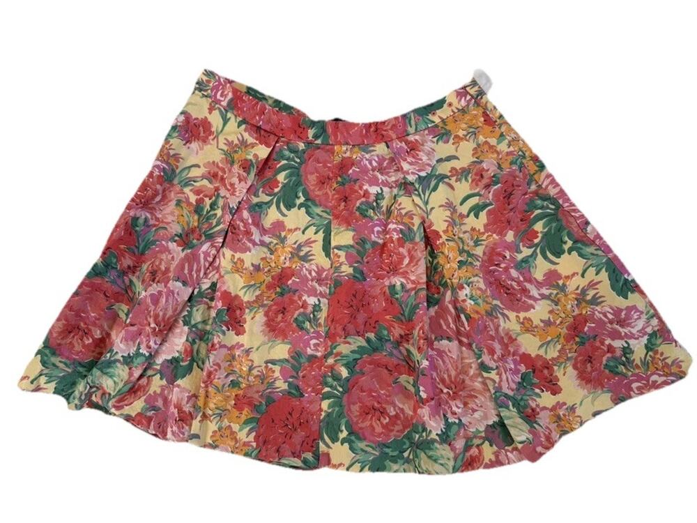 ZARA Floral Mini Skirt 100% Cotton Pleated Women’s Size L Grandma Cottagecore